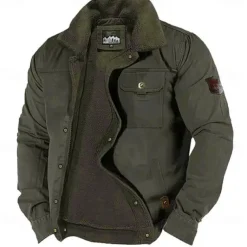 Men's Embroidered Fleece Jacket Sherpa Trucker Jacket Work Cargo Jacket Turn-Down Collar Warm Winter Cotton Jacket Vintage Casual Going Out Coat Multi-Pockets
