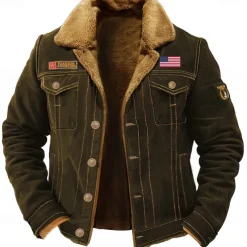 Men's Embroidered Fleece Jacket Cargo Jacket merican US Flag Print Turndown Collar Long Sleeve Military Tactical Jacket Vintage Thermal Warm Winter Outwear Multiple Pockets Button Front Cotton Coat
