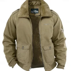 Men's Embroidered Fleece Jacket Cargo Jacket Long Sleeve Military Tactical Thermal Warm Coat Vintage Casual Style Cotton Bomber Jacket with Turn-down Collar khaki Army Green Dark Blue