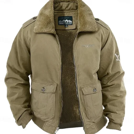 Men's Embroidered Fleece Jacket Cargo Jacket Long Sleeve Military Tactical Thermal Warm Coat Vintage Casual Style Cotton Bomber Jacket with Turn-down Collar khaki Army Green Dark Blue
