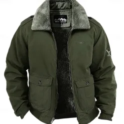 Men's Embroidered Fleece Jacket Cargo Jacket Long Sleeve Military Tactical Thermal Warm Coat Vintage Casual Style Cotton Bomber Jacket with Turn-down Collar khaki Army Green Dark Blue