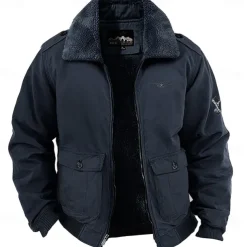 Men's Embroidered Fleece Jacket Cargo Jacket Long Sleeve Military Tactical Thermal Warm Coat Vintage Casual Style Cotton Bomber Jacket with Turn-down Collar khaki Army Green Dark Blue