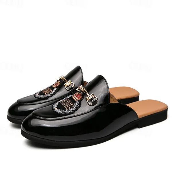 Men's Embroidered Patent Leather Loafers, Slip-On Backless Mules with Crown Emblem and Metal Buckle Detail, Perfect for Elegant and Casual Occasions
