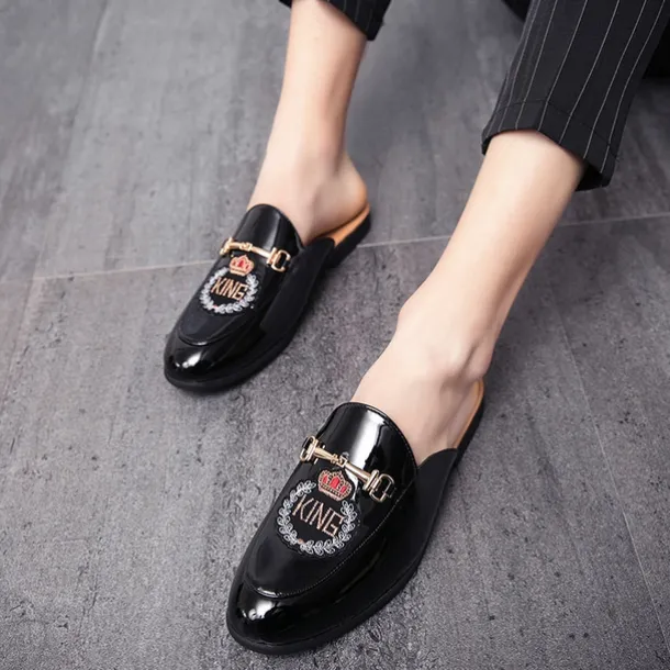 Men's Embroidered Patent Leather Loafers, Slip-On Backless Mules with Crown Emblem and Metal Buckle Detail, Perfect for Elegant and Casual Occasions