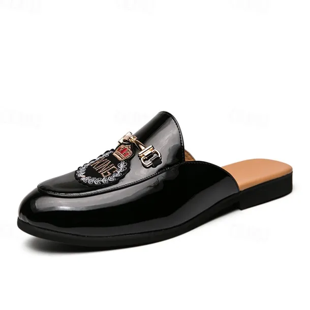 Men's Embroidered Patent Leather Loafers, Slip-On Backless Mules with Crown Emblem and Metal Buckle Detail, Perfect for Elegant and Casual Occasions