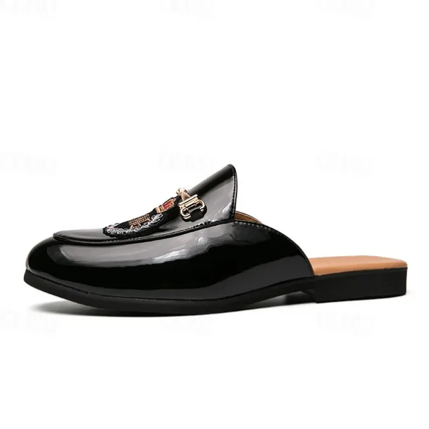 Men's Embroidered Patent Leather Loafers, Slip-On Backless Mules with Crown Emblem and Metal Buckle Detail, Perfect for Elegant and Casual Occasions