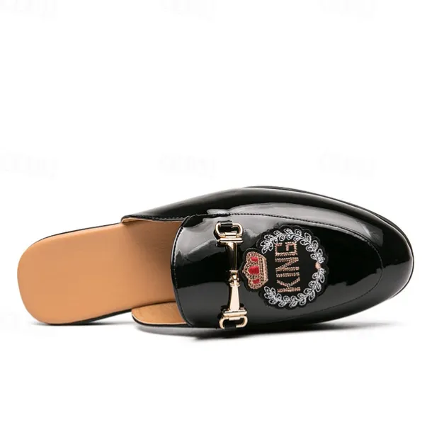Men's Embroidered Patent Leather Loafers, Slip-On Backless Mules with Crown Emblem and Metal Buckle Detail, Perfect for Elegant and Casual Occasions