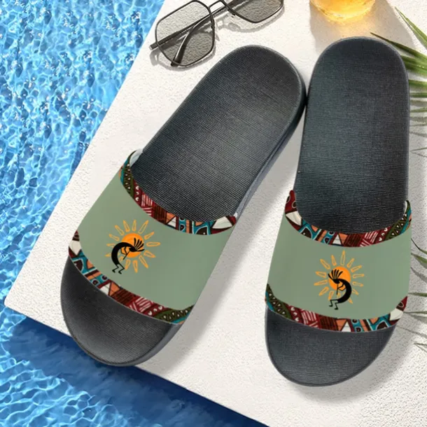 Men's Ethnic Print Non-Slip Pool Slides – Lightweight Summer Slippers with Tribal Kokopelli Design for Beach and Poolside