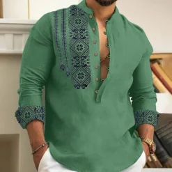 Men's Ethnic Shirt Button Up Shirt Long Sleeve Fashion Streetwear Designer Outdoor Street Daily Summer Spring Fall Stand Collar Print White Pink Blue Green Gray