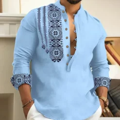 Men's Ethnic Shirt Button Up Shirt Long Sleeve Fashion Streetwear Designer Outdoor Street Daily Summer Spring Fall Stand Collar Print White Pink Blue Green Gray