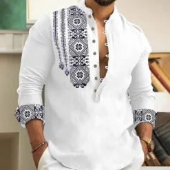 Men's Ethnic Shirt Button Up Shirt Long Sleeve Fashion Streetwear Designer Outdoor Street Daily Summer Spring Fall Stand Collar Print White Pink Blue Green Gray