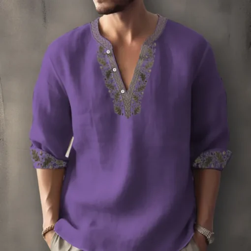 Men's Ethnic Shirt Linen Shirt Long Sleeve Fashion Streetwear Designer Outdoor Daily Going out Spring & Summer Stand Collar Print Yellow Light Green Pink Red Navy Blue
