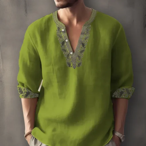 Men's Ethnic Shirt Linen Shirt Long Sleeve Fashion Streetwear Designer Outdoor Daily Going out Spring & Summer Stand Collar Print Yellow Light Green Pink Red Navy Blue
