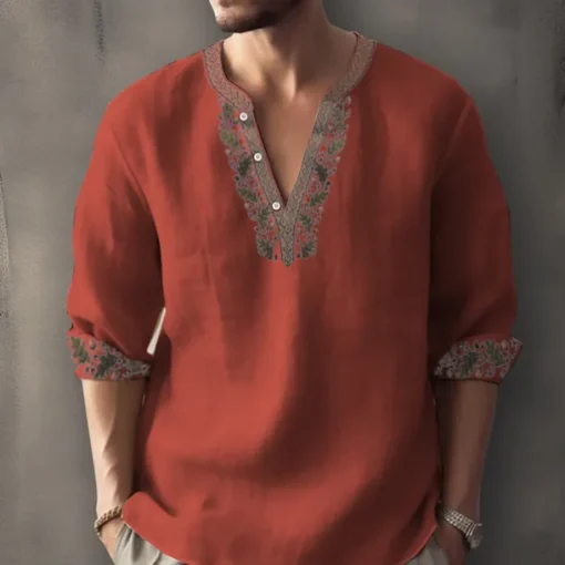 Men's Ethnic Shirt Linen Shirt Long Sleeve Fashion Streetwear Designer Outdoor Daily Going out Spring & Summer Stand Collar Print Yellow Light Green Pink Red Navy Blue
