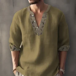 Men's Ethnic Shirt Linen Shirt Long Sleeve Fashion Streetwear Designer Outdoor Daily Going out Spring & Summer Stand Collar Print Yellow Light Green Pink Red Navy Blue
