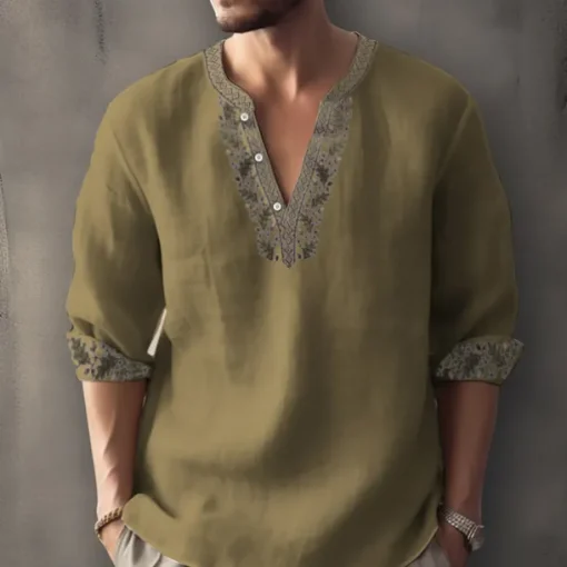 Men's Ethnic Shirt Linen Shirt Long Sleeve Fashion Streetwear Designer Outdoor Daily Going out Spring & Summer Stand Collar Print Yellow Light Green Pink Red Navy Blue
