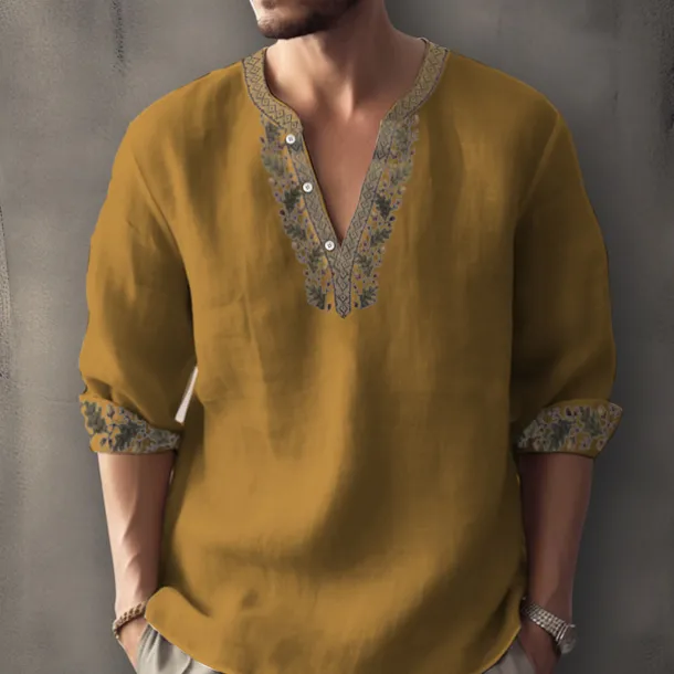 Men's Ethnic Shirt Linen Shirt Long Sleeve Fashion Streetwear Designer Outdoor Daily Going out Spring & Summer Stand Collar Print Yellow Light Green Pink Red Navy Blue