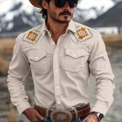Men's Ethnic Western Shirt Cowboy Shirt Long Sleeve Western Casual Spring Fall Turndown Button Up Beige