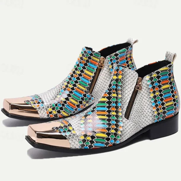 Men's Exotic Snake Print Leather Ankle Boots– Premium Cowhide, Multicolored Fashion Statement with Gold Tip Gold-Tipped Toes and Side Zipper Closure