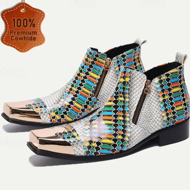 Men's Exotic Snake Print Leather Ankle Boots– Premium Cowhide, Multicolored Fashion Statement with Gold Tip Gold-Tipped Toes and Side Zipper Closure
