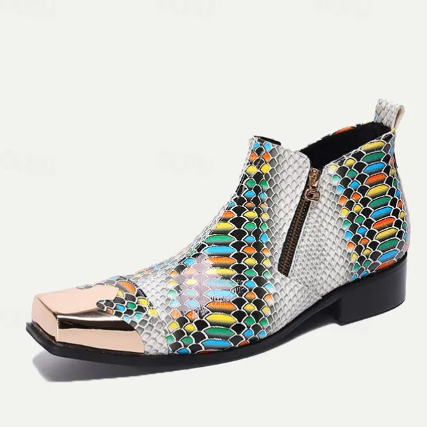 Men's Exotic Snake Print Leather Ankle Boots– Premium Cowhide, Multicolored Fashion Statement with Gold Tip Gold-Tipped Toes and Side Zipper Closure