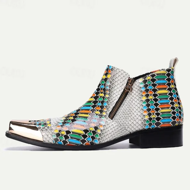 Men's Exotic Snake Print Leather Ankle Boots– Premium Cowhide, Multicolored Fashion Statement with Gold Tip Gold-Tipped Toes and Side Zipper Closure