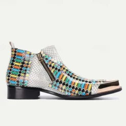Men's Exotic Snake Print Leather Ankle Boots– Premium Cowhide, Multicolored Fashion Statement with Gold Tip Gold-Tipped Toes and Side Zipper Closure