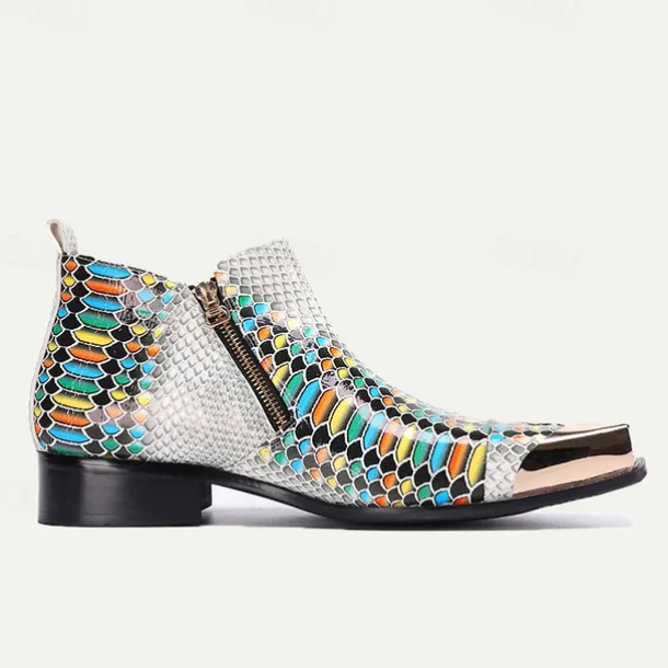 Men's Exotic Snake Print Leather Ankle Boots– Premium Cowhide, Multicolored Fashion Statement with Gold Tip Gold-Tipped Toes and Side Zipper Closure