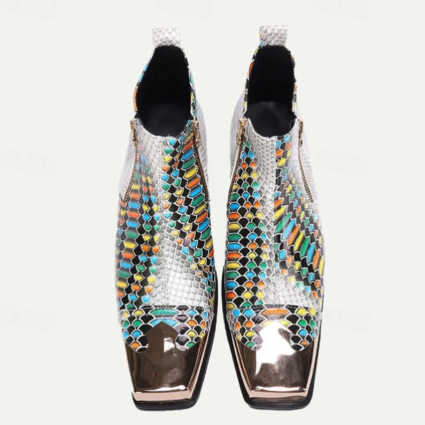 Men's Exotic Snake Print Leather Ankle Boots– Premium Cowhide, Multicolored Fashion Statement with Gold Tip Gold-Tipped Toes and Side Zipper Closure