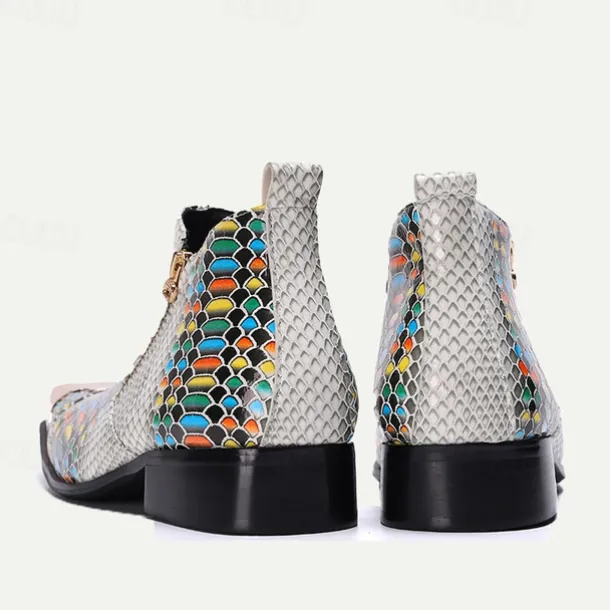 Men's Exotic Snake Print Leather Ankle Boots– Premium Cowhide, Multicolored Fashion Statement with Gold Tip Gold-Tipped Toes and Side Zipper Closure