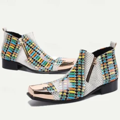 Men's Exotic Snake Print Leather Ankle Boots– Premium Cowhide, Multicolored Fashion Statement with Gold Tip Gold-Tipped Toes and Side Zipper Closure