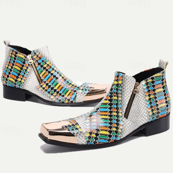 Men's Exotic Snake Print Leather Ankle Boots– Premium Cowhide, Multicolored Fashion Statement with Gold Tip Gold-Tipped Toes and Side Zipper Closure