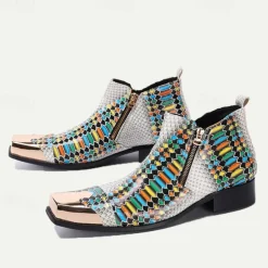 Men's Exotic Snake Print Leather Ankle Boots– Premium Cowhide, Multicolored Fashion Statement with Gold Tip Gold-Tipped Toes and Side Zipper Closure