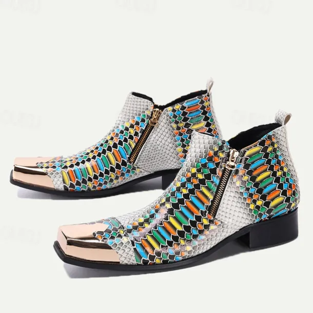 Men's Exotic Snake Print Leather Ankle Boots– Premium Cowhide, Multicolored Fashion Statement with Gold Tip Gold-Tipped Toes and Side Zipper Closure