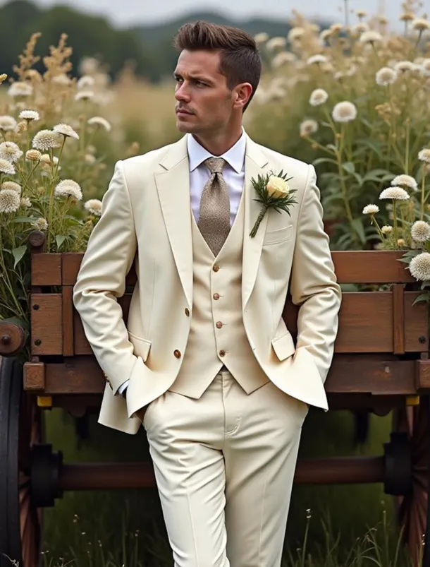 Men's Fall Wedding Party Suits Notch Lapel Champagne Party Business Solid Colored Standard Fit 3 Piece Single Breasted Two-buttons