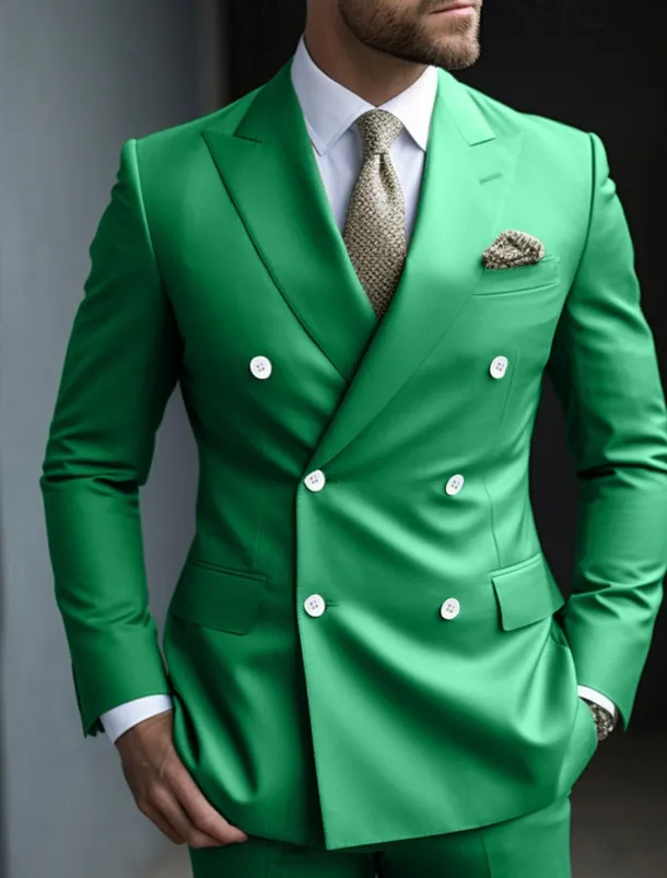 Men's Fall Wedding Suits Peaked Lapel Peak Sage Daily Business Solid Colored Plus Size 2 Piece Double Breasted Six-buttons