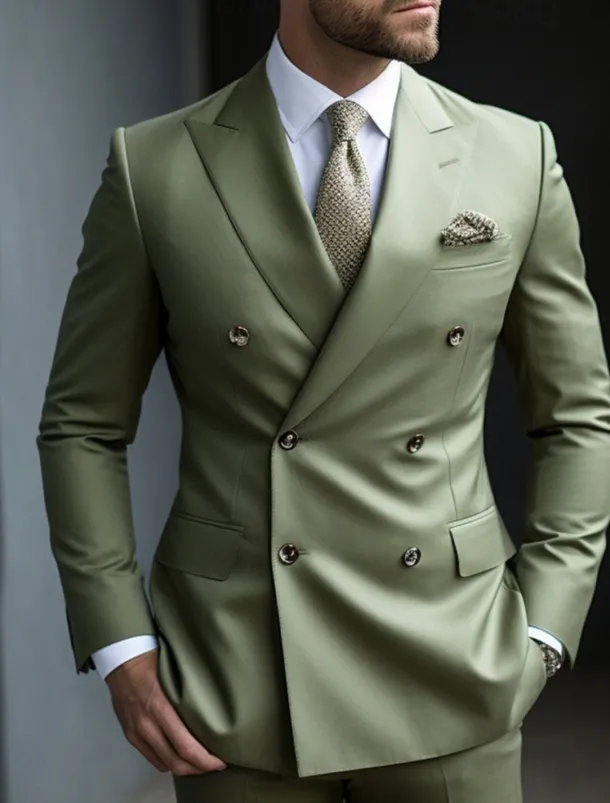 Men's Fall Wedding Suits Peaked Lapel Peak Sage Daily Business Solid Colored Plus Size 2 Piece Double Breasted Six-buttons