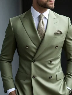 Men's Fall Wedding Suits Peaked Lapel Peak Sage Daily Business Solid Colored Plus Size 2 Piece Double Breasted Six-buttons