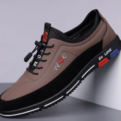 Men's Fashion Casual Sports Shoes – Brown and Black Lightweight Sneakers with Embroidered Design and Elastic Lace-Up Closure