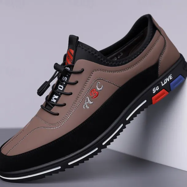 Men's Fashion Casual Sports Shoes – Brown and Black Lightweight Sneakers with Embroidered Design and Elastic Lace-Up Closure