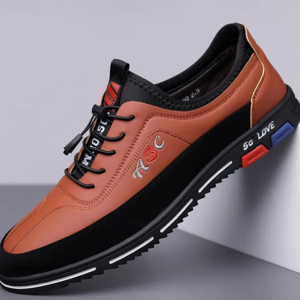 Men's Fashion Casual Sports Shoes – Brown and Black Lightweight Sneakers with Embroidered Design and Elastic Lace-Up Closure