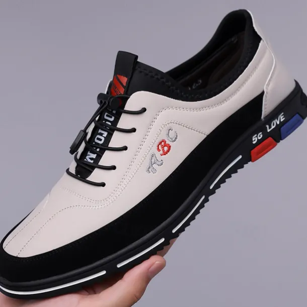 Men's Fashion Casual Sports Shoes – Brown and Black Lightweight Sneakers with Embroidered Design and Elastic Lace-Up Closure