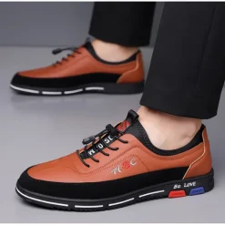 Men's Fashion Casual Sports Shoes – Brown and Black Lightweight Sneakers with Embroidered Design and Elastic Lace-Up Closure