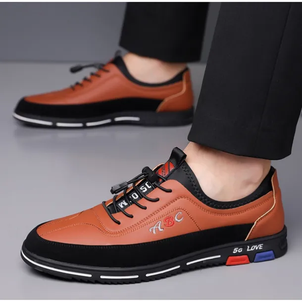 Men's Fashion Casual Sports Shoes – Brown and Black Lightweight Sneakers with Embroidered Design and Elastic Lace-Up Closure