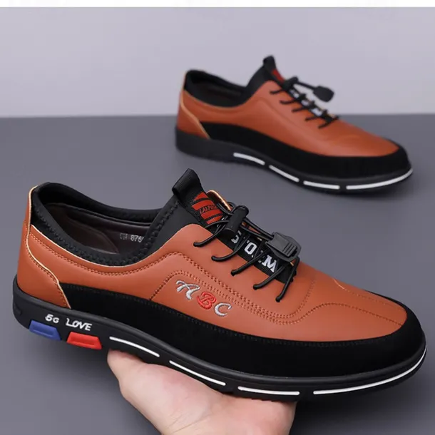 Men's Fashion Casual Sports Shoes – Brown and Black Lightweight Sneakers with Embroidered Design and Elastic Lace-Up Closure