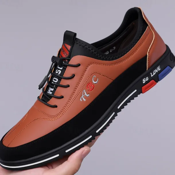 Men's Fashion Casual Sports Shoes – Brown and Black Lightweight Sneakers with Embroidered Design and Elastic Lace-Up Closure