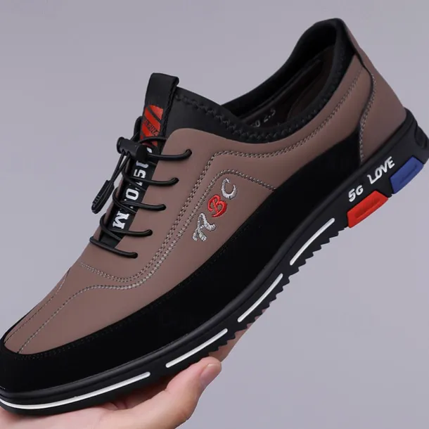 Men's Fashion Casual Sports Shoes – Brown and Black Lightweight Sneakers with Embroidered Design and Elastic Lace-Up Closure