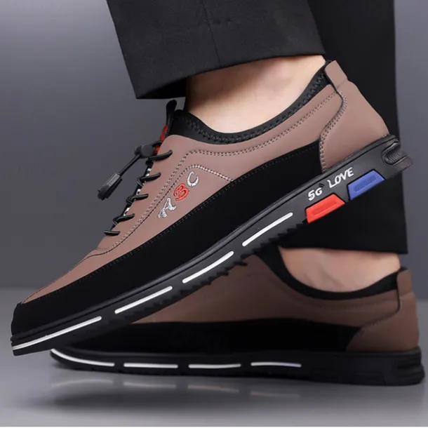 Men's Fashion Casual Sports Shoes – Brown and Black Lightweight Sneakers with Embroidered Design and Elastic Lace-Up Closure