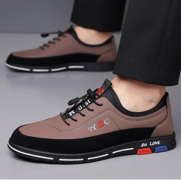 Men's Fashion Casual Sports Shoes – Brown and Black Lightweight Sneakers with Embroidered Design and Elastic Lace-Up Closure