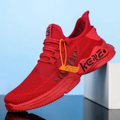 Men's Fashion Red Breathable Athletic Sneakers - Lightweight Mesh Running Shoes for Casual and Sports Activities